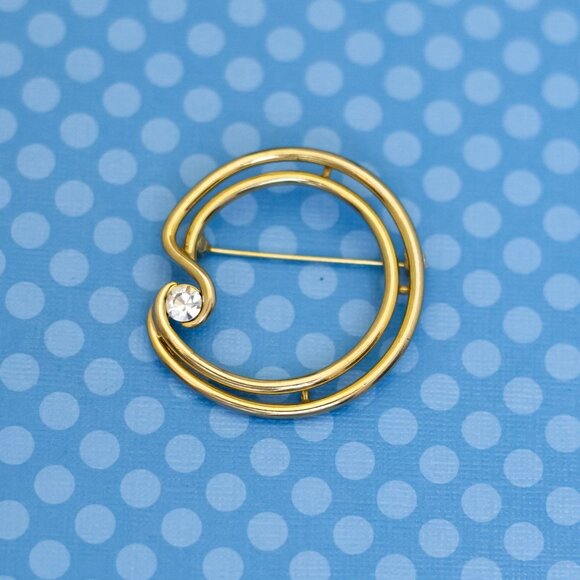 Vintage Double Ring Clear Rhinestone Curved Brooch by Mjent - M36 - Picture 1 of 2